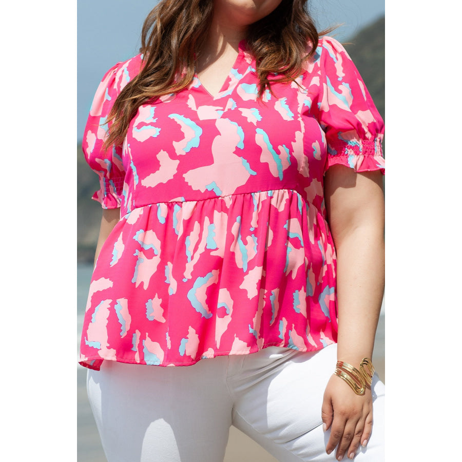 Plus Size Ruffled Printed Notched Short Sleeve Blouse Hot Pink / 1XL Apparel and Accessories