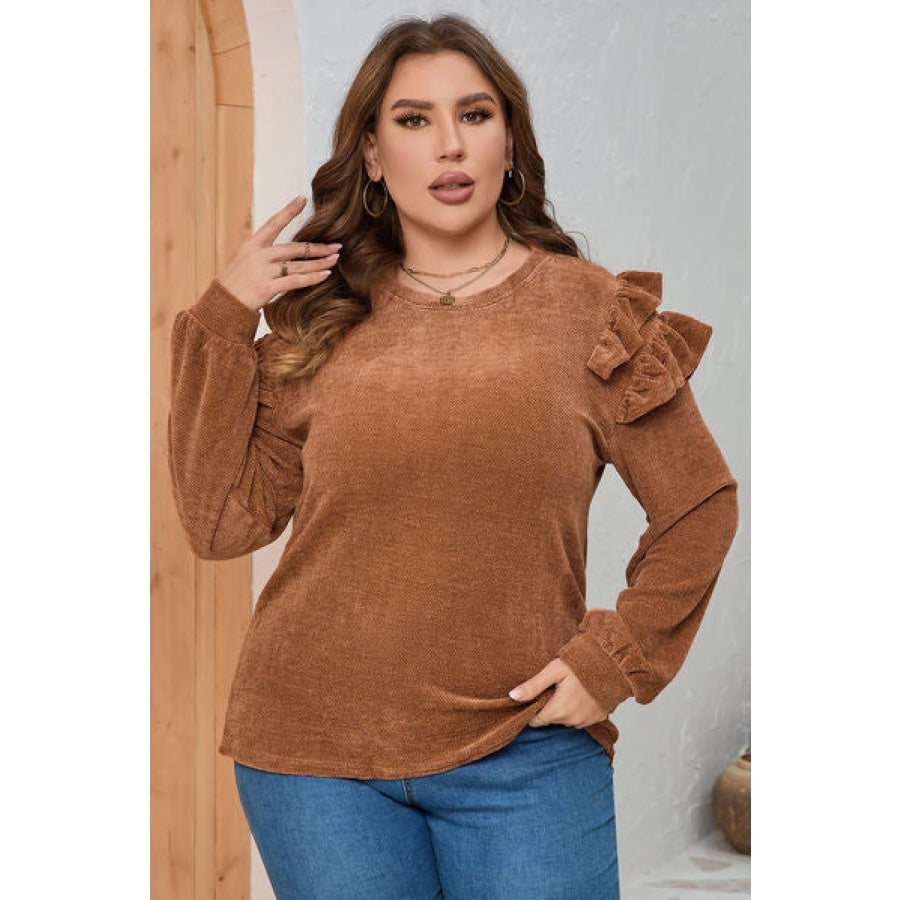 Plus Size Ruffled Round Neck Long Sleeve T-Shirt Caramel / 1XL Clothing