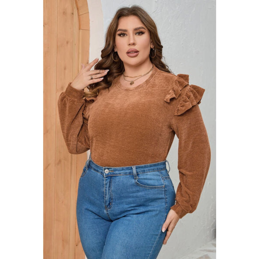 Plus Size Ruffled Round Neck Long Sleeve T-Shirt Clothing