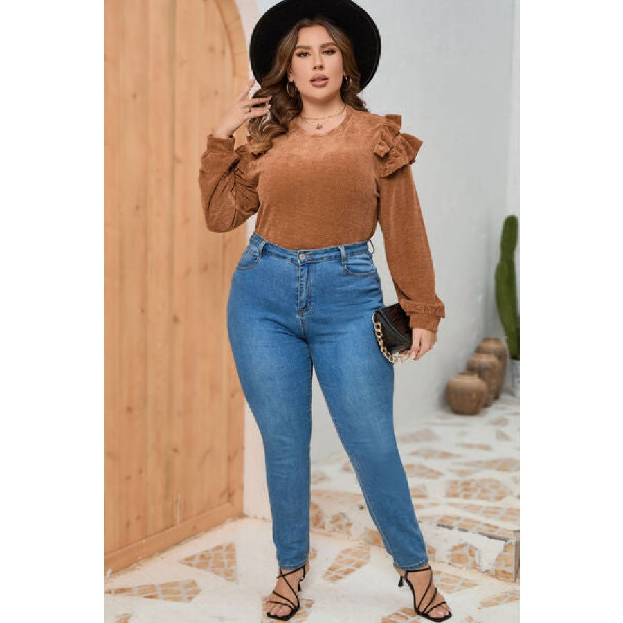 Plus Size Ruffled Round Neck Long Sleeve T-Shirt Clothing