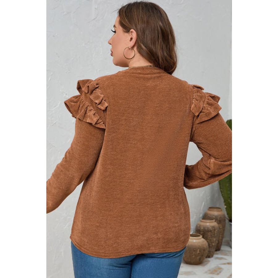 Plus Size Ruffled Round Neck Long Sleeve T-Shirt Caramel / 1XL Clothing