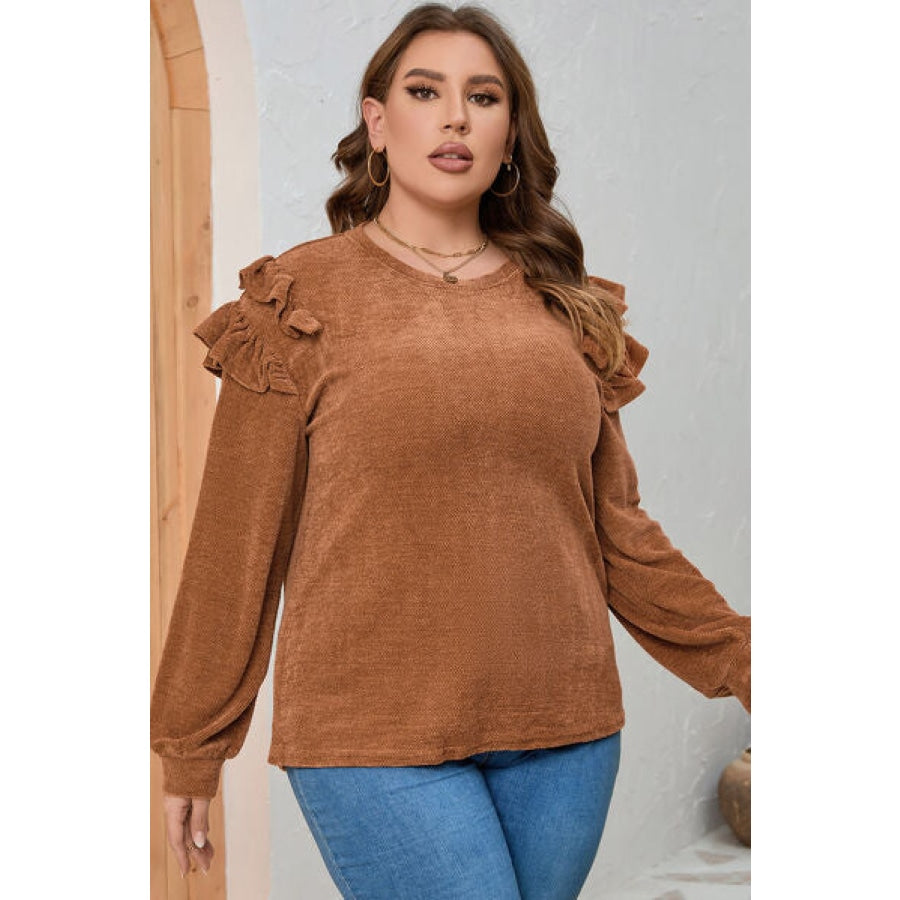 Plus Size Ruffled Round Neck Long Sleeve T-Shirt Clothing