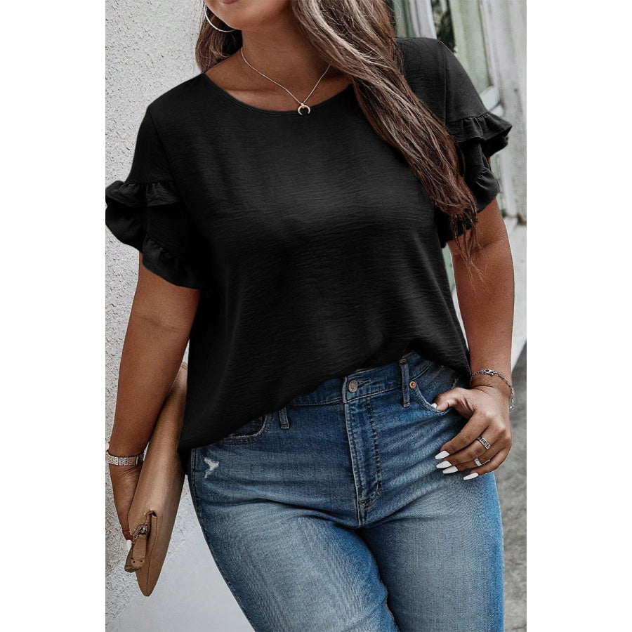 Plus Size Ruffled Round Neck Short Sleeve Blouse Apparel and Accessories