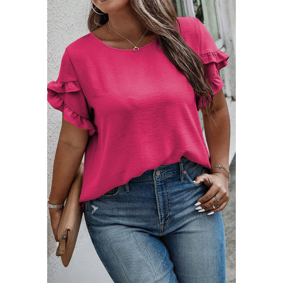 Plus Size Ruffled Round Neck Short Sleeve Blouse Apparel and Accessories