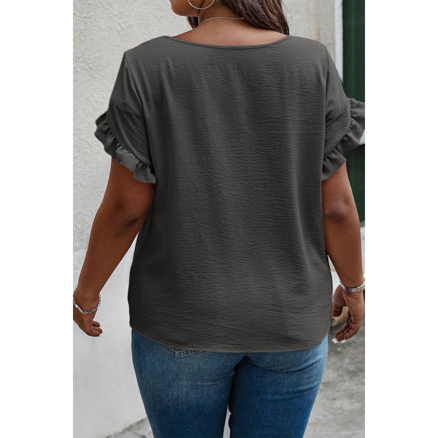 Plus Size Ruffled Round Neck Short Sleeve Blouse Apparel and Accessories