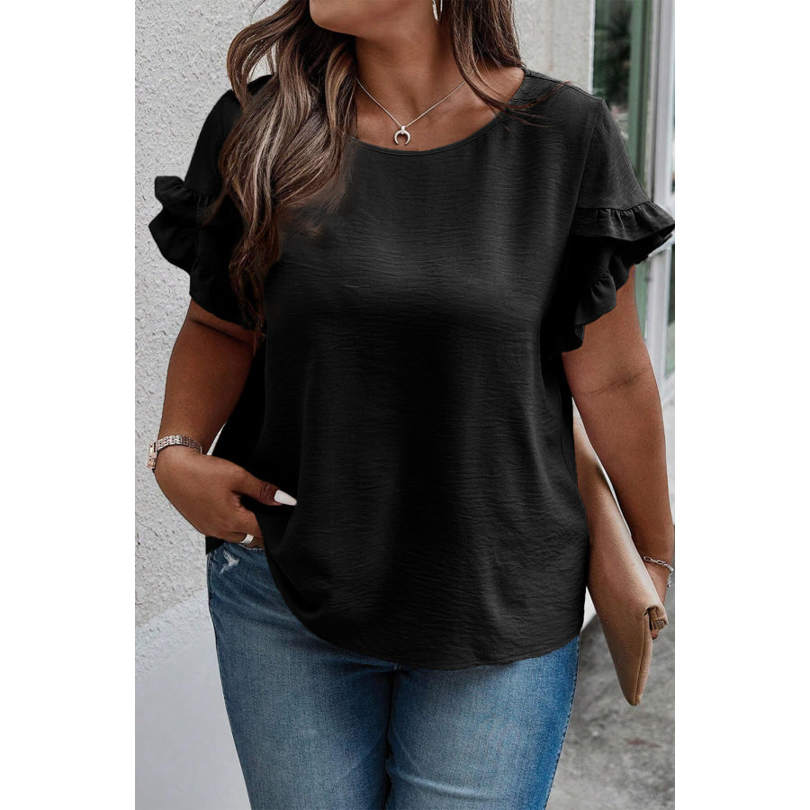 Plus Size Ruffled Round Neck Short Sleeve Blouse Black / 1XL Apparel and Accessories