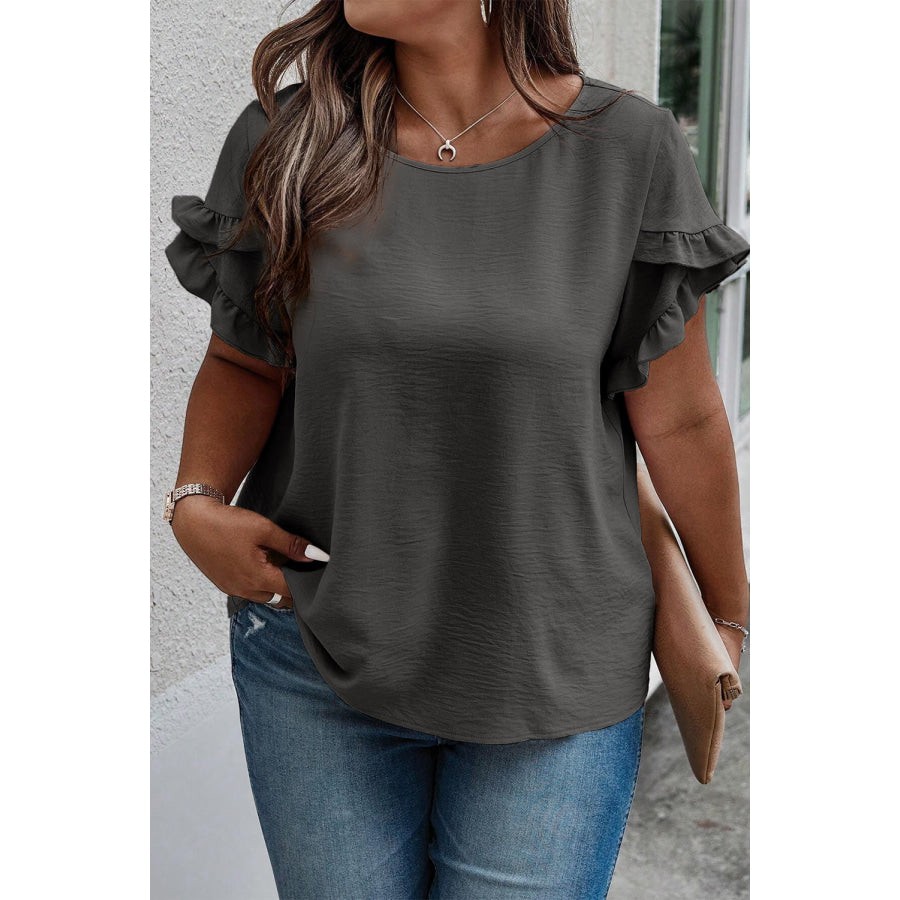 Plus Size Ruffled Round Neck Short Sleeve Blouse Charcoal / 1XL Apparel and Accessories