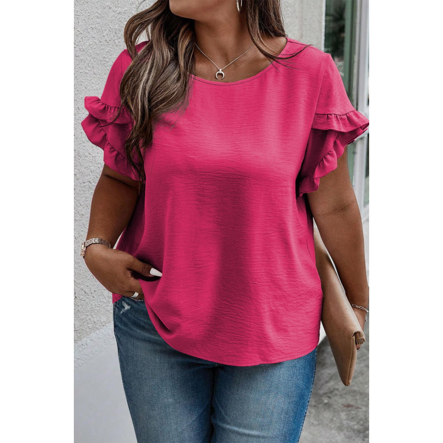 Plus Size Ruffled Round Neck Short Sleeve Blouse Deep Rose / 1XL Apparel and Accessories