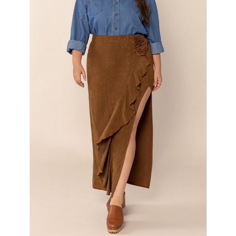 Plus Size Ruffled Slit High Rise Skirt Brown / 0XL Apparel and Accessories