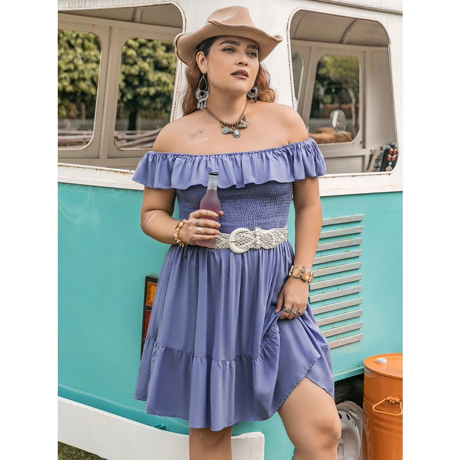 Plus Size Ruffled Smocked Off-Shoulder Mini Dress Apparel and Accessories