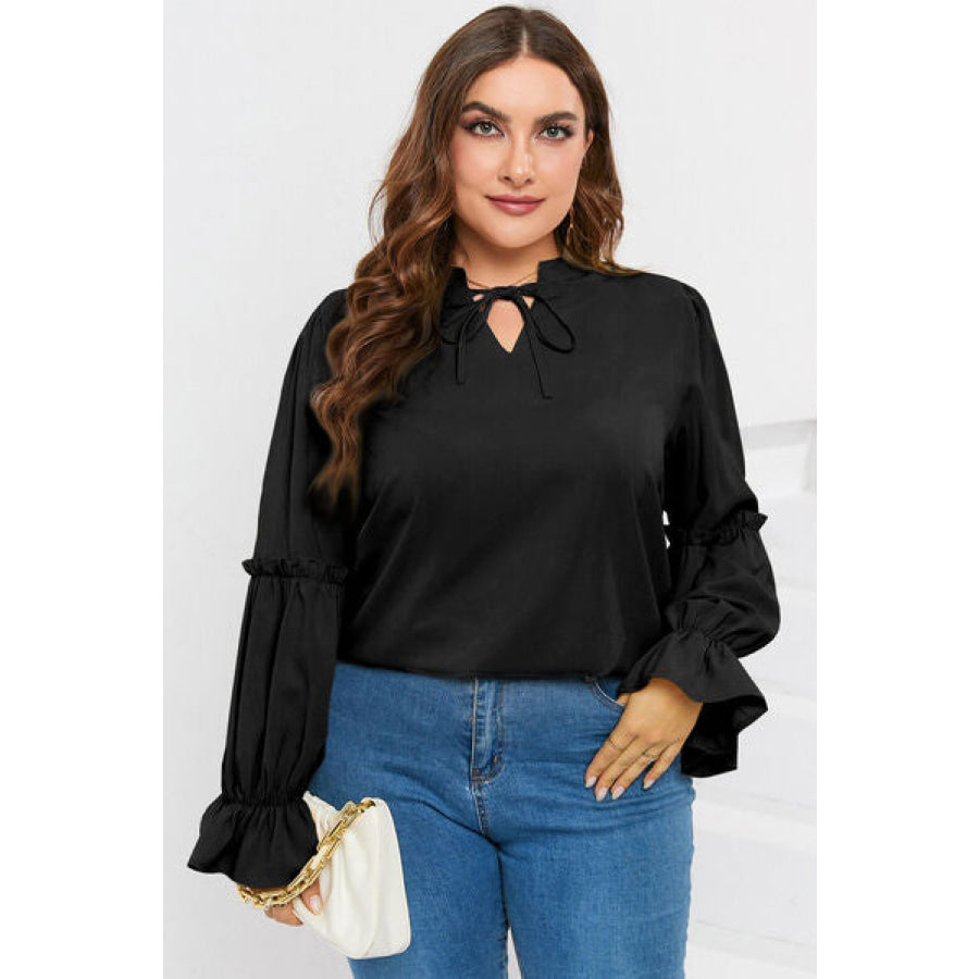 Plus Size Ruffled Tie Neck Flounce Sleeve Blouse Apparel and Accessories