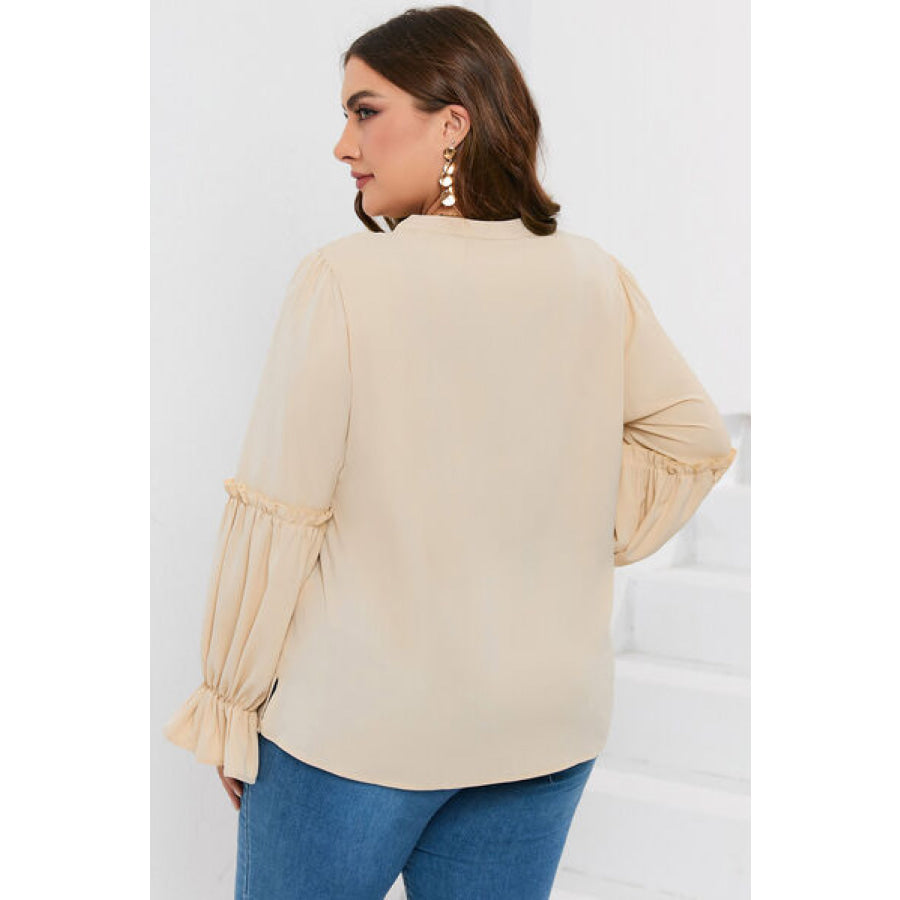 Plus Size Ruffled Tie Neck Flounce Sleeve Blouse Apparel and Accessories