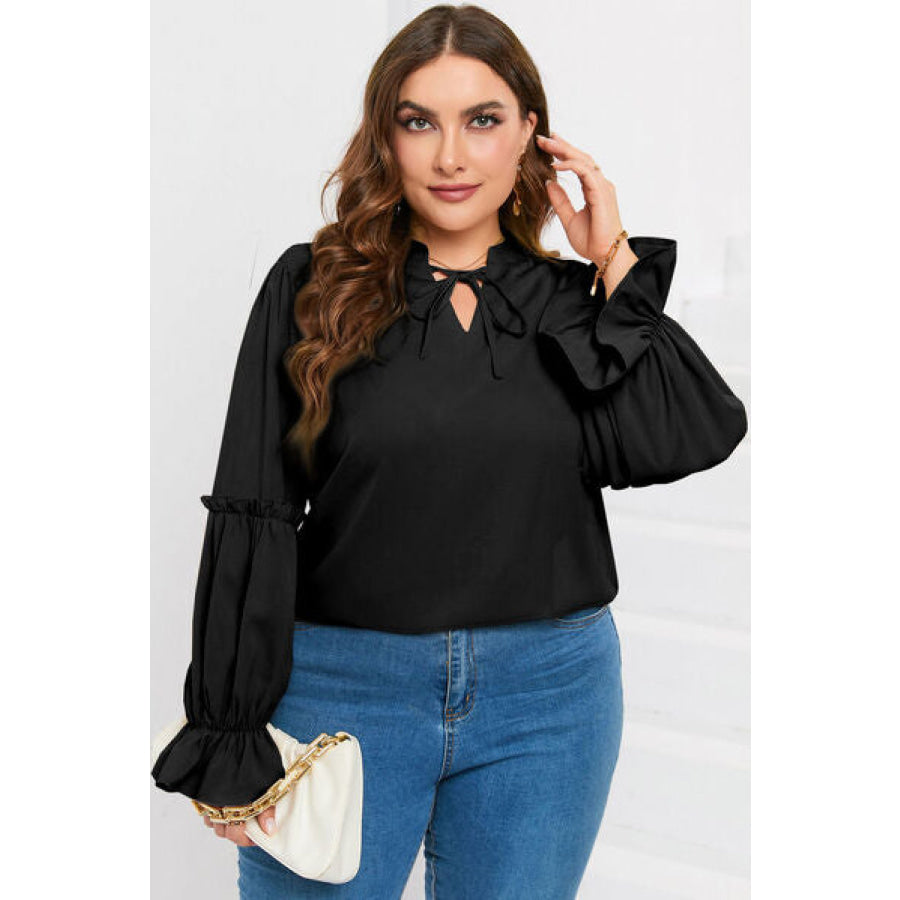 Plus Size Ruffled Tie Neck Flounce Sleeve Blouse Apparel and Accessories