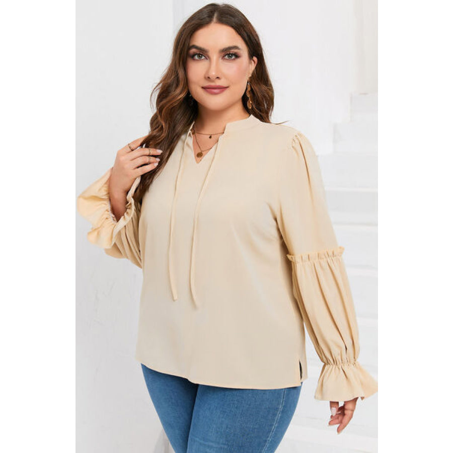 Plus Size Ruffled Tie Neck Flounce Sleeve Blouse Apparel and Accessories