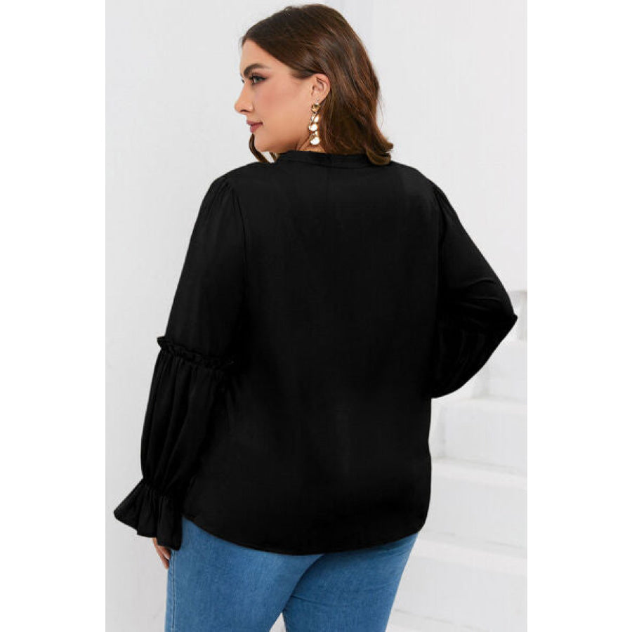 Plus Size Ruffled Tie Neck Flounce Sleeve Blouse Apparel and Accessories