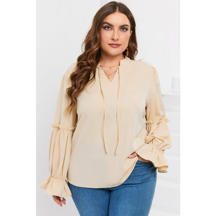 Plus Size Ruffled Tie Neck Flounce Sleeve Blouse Apparel and Accessories