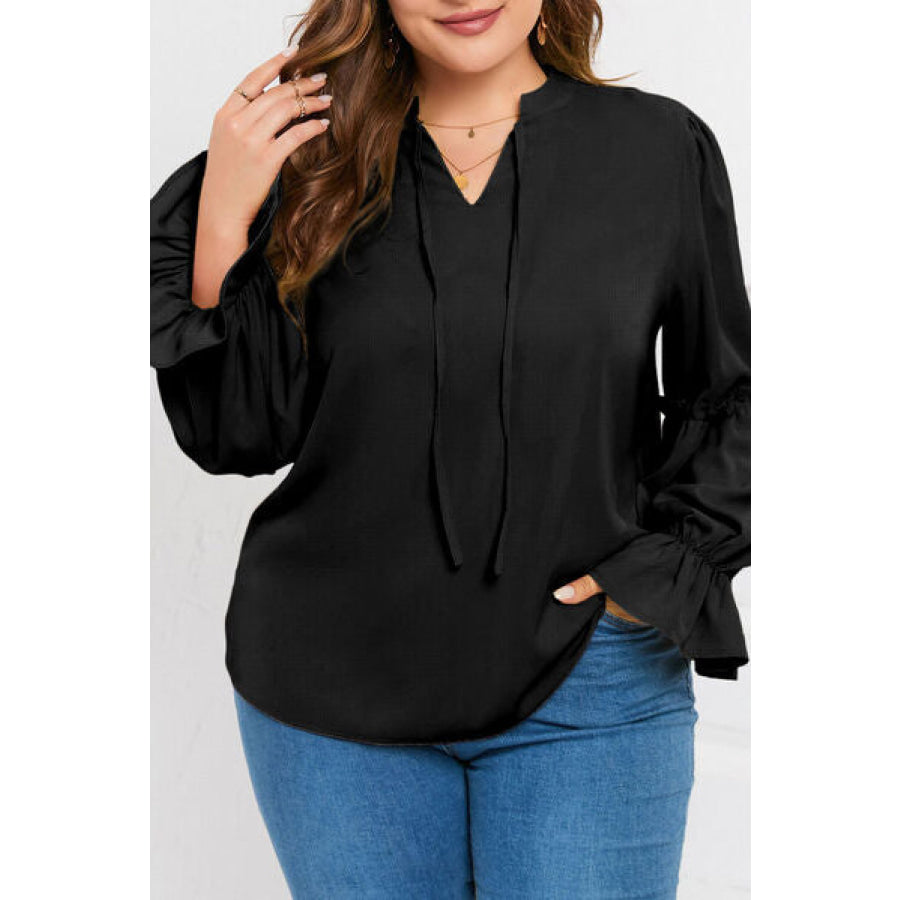 Plus Size Ruffled Tie Neck Flounce Sleeve Blouse Black / 1XL Apparel and Accessories