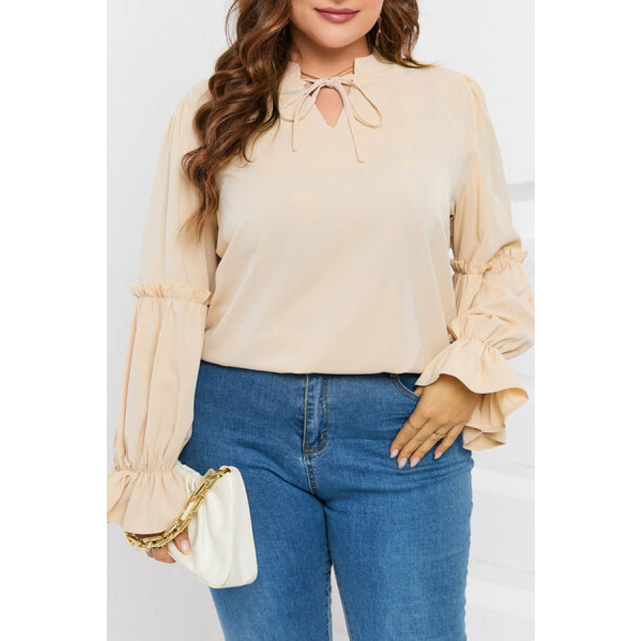 Plus Size Ruffled Tie Neck Flounce Sleeve Blouse Ivory / 1XL Apparel and Accessories