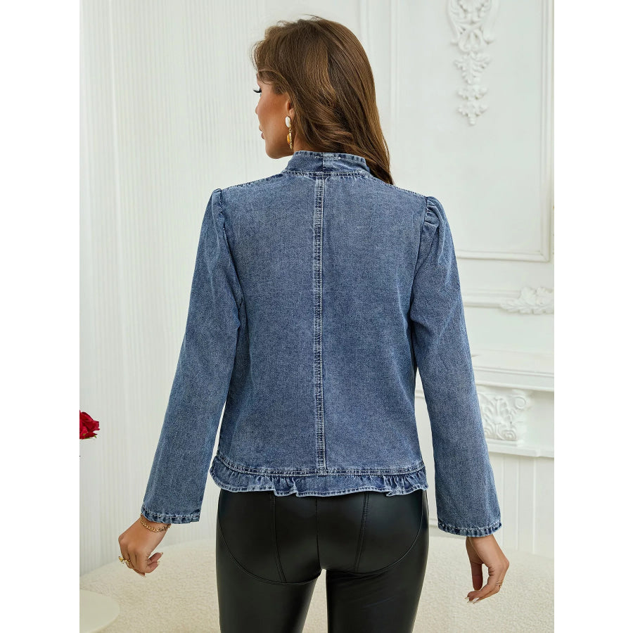 Plus Size Ruffled Trim Open Front Denim Jacket Apparel and Accessories