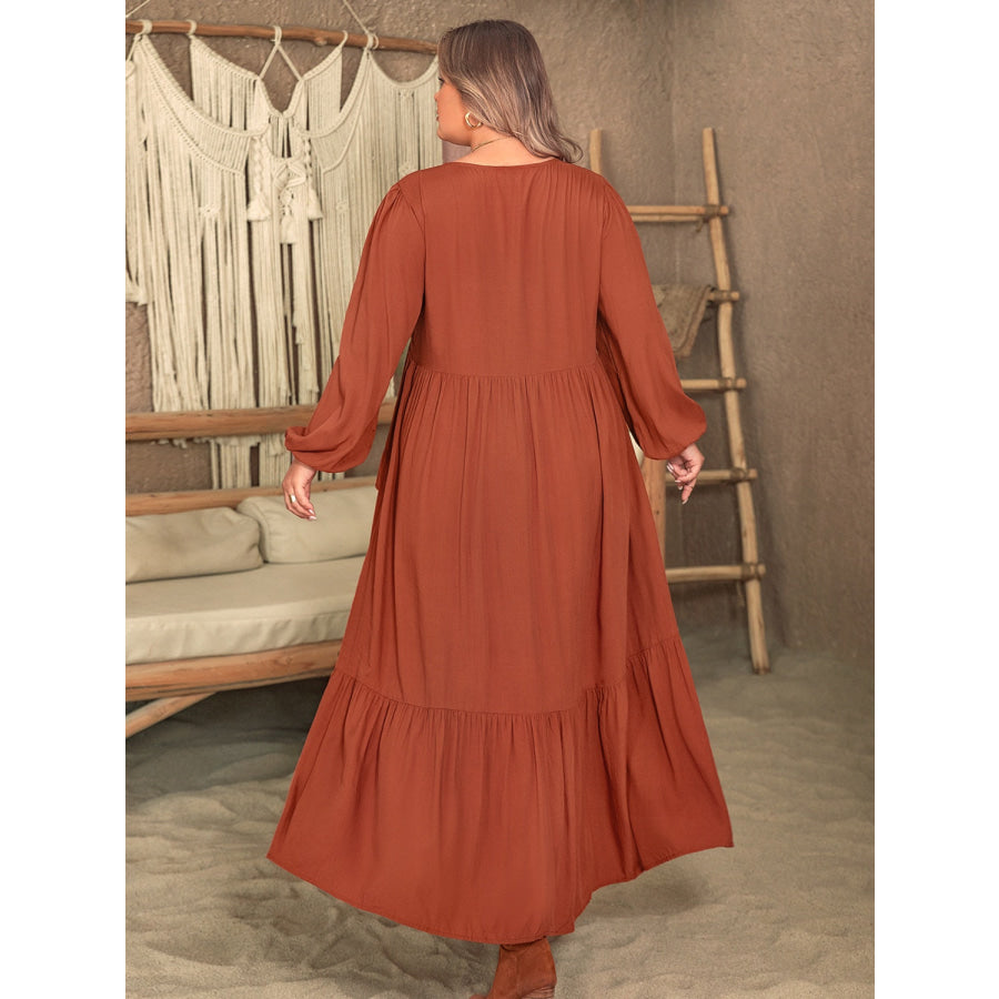Plus Size Ruffled V-Neck Balloon Sleeve Dress Rust / 0XL Apparel and Accessories