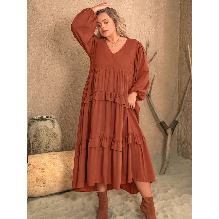 Plus Size Ruffled V-Neck Balloon Sleeve Dress Rust / 0XL Apparel and Accessories