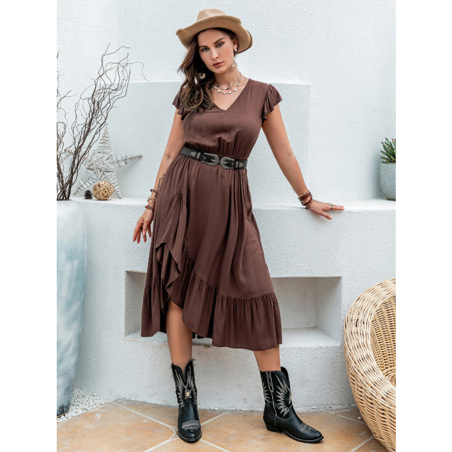 Plus Size Ruffled V-Neck Cap Sleeve Midi Dress Apparel and Accessories