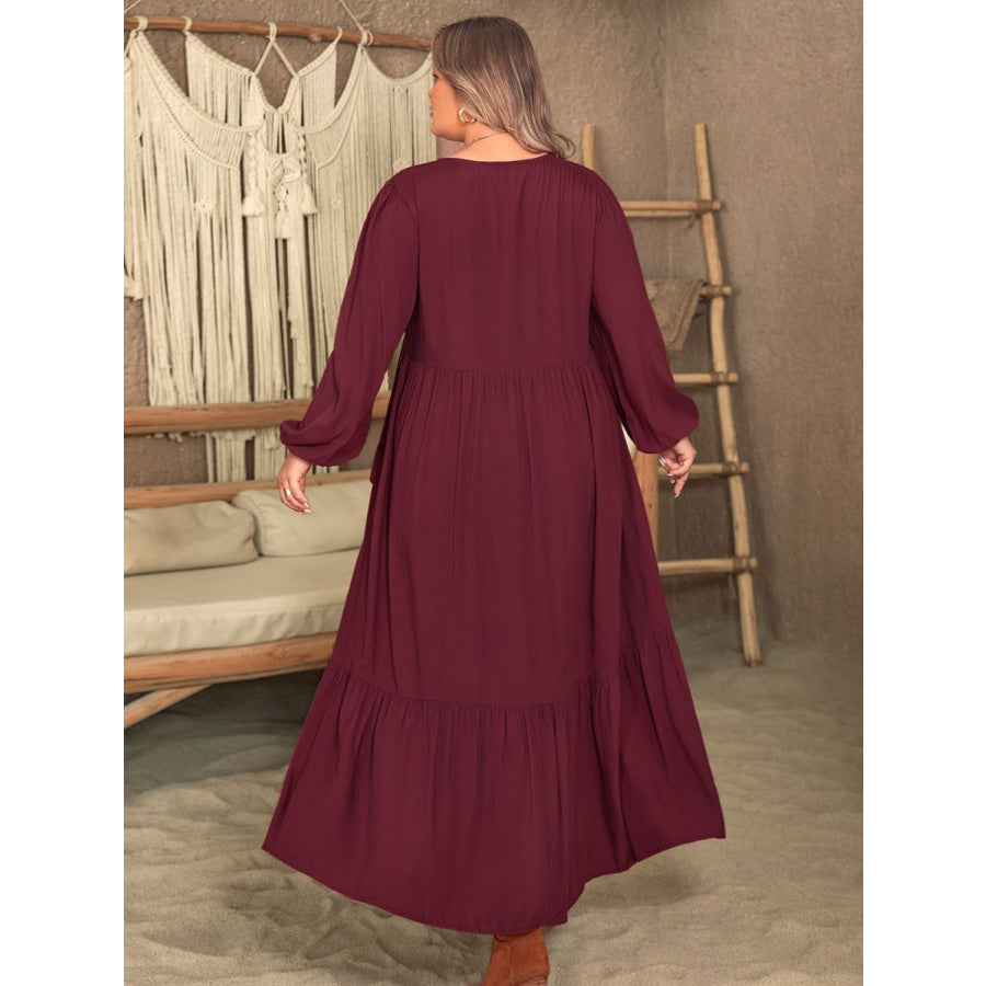 Plus Size Ruffled V-Neck Long Sleeve Dress Apparel and Accessories