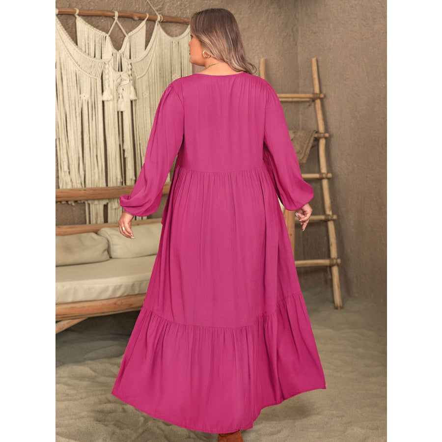 Plus Size Ruffled V-Neck Long Sleeve Dress Apparel and Accessories