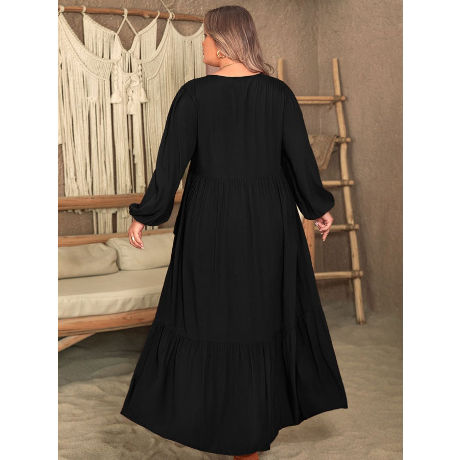 Plus Size Ruffled V-Neck Long Sleeve Dress Apparel and Accessories