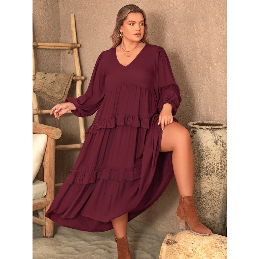 Plus Size Ruffled V-Neck Long Sleeve Dress Apparel and Accessories