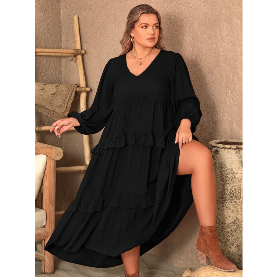 Plus Size Ruffled V-Neck Long Sleeve Dress Apparel and Accessories