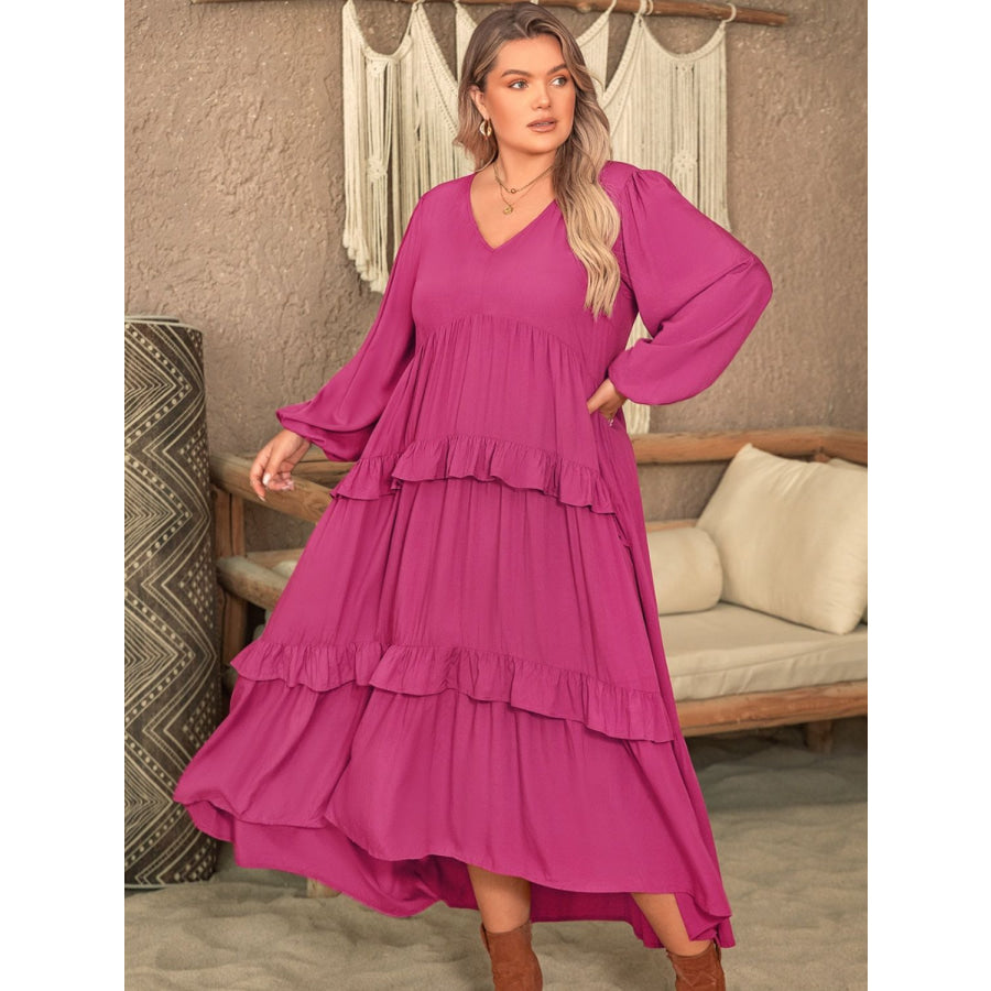 Plus Size Ruffled V-Neck Long Sleeve Dress Apparel and Accessories