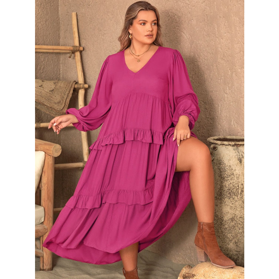 Plus Size Ruffled V-Neck Long Sleeve Dress Apparel and Accessories