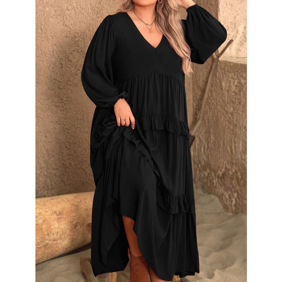 Plus Size Ruffled V-Neck Long Sleeve Dress Apparel and Accessories