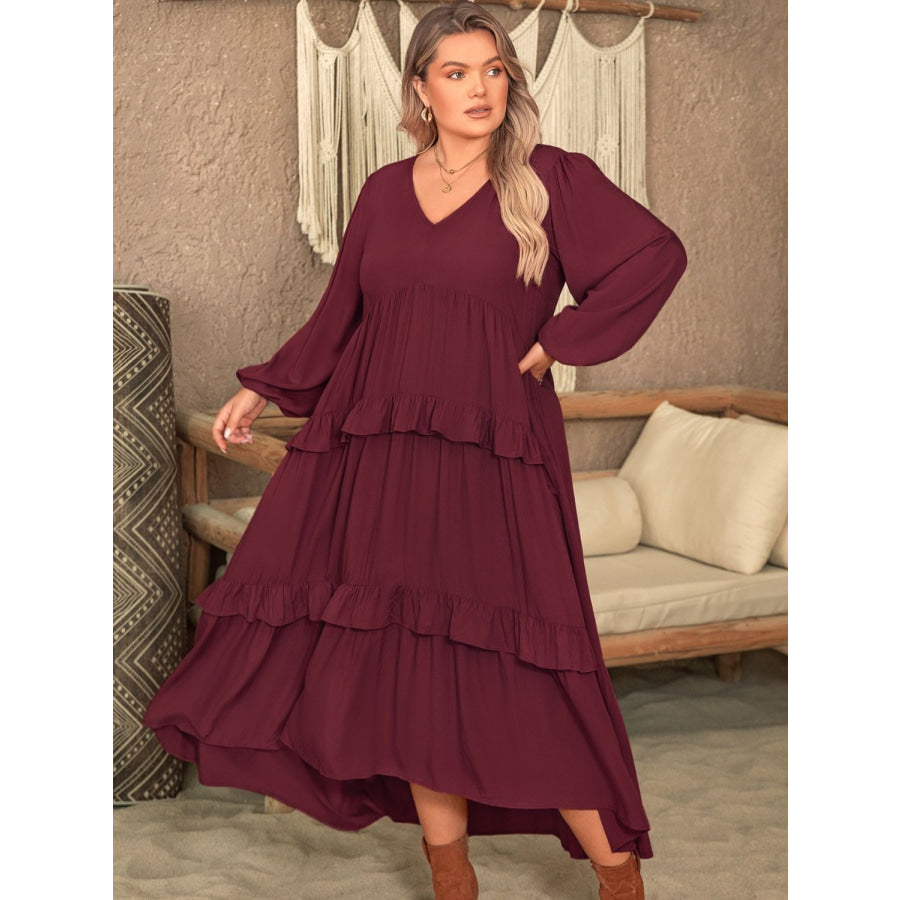 Plus Size Ruffled V-Neck Long Sleeve Dress Apparel and Accessories