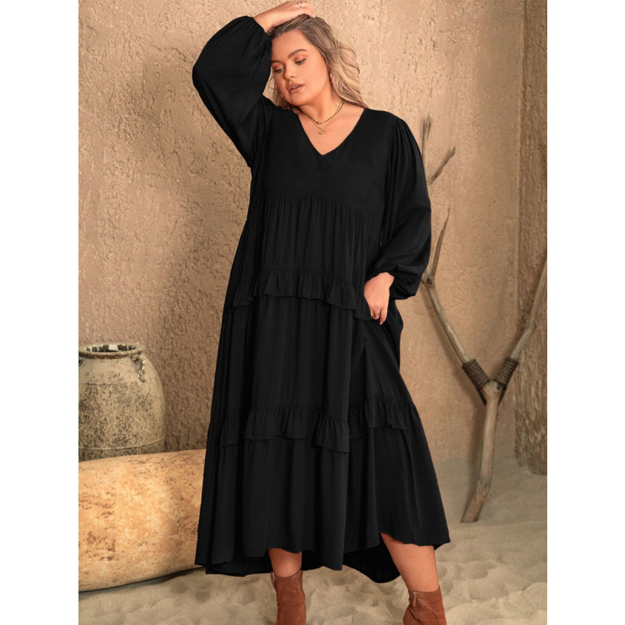 Plus Size Ruffled V-Neck Long Sleeve Dress Black / 0XL Apparel and Accessories