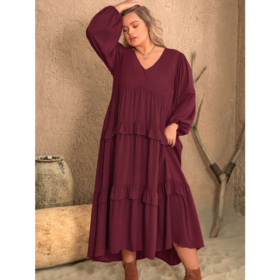 Plus Size Ruffled V-Neck Long Sleeve Dress Burgundy / 0XL Apparel and Accessories