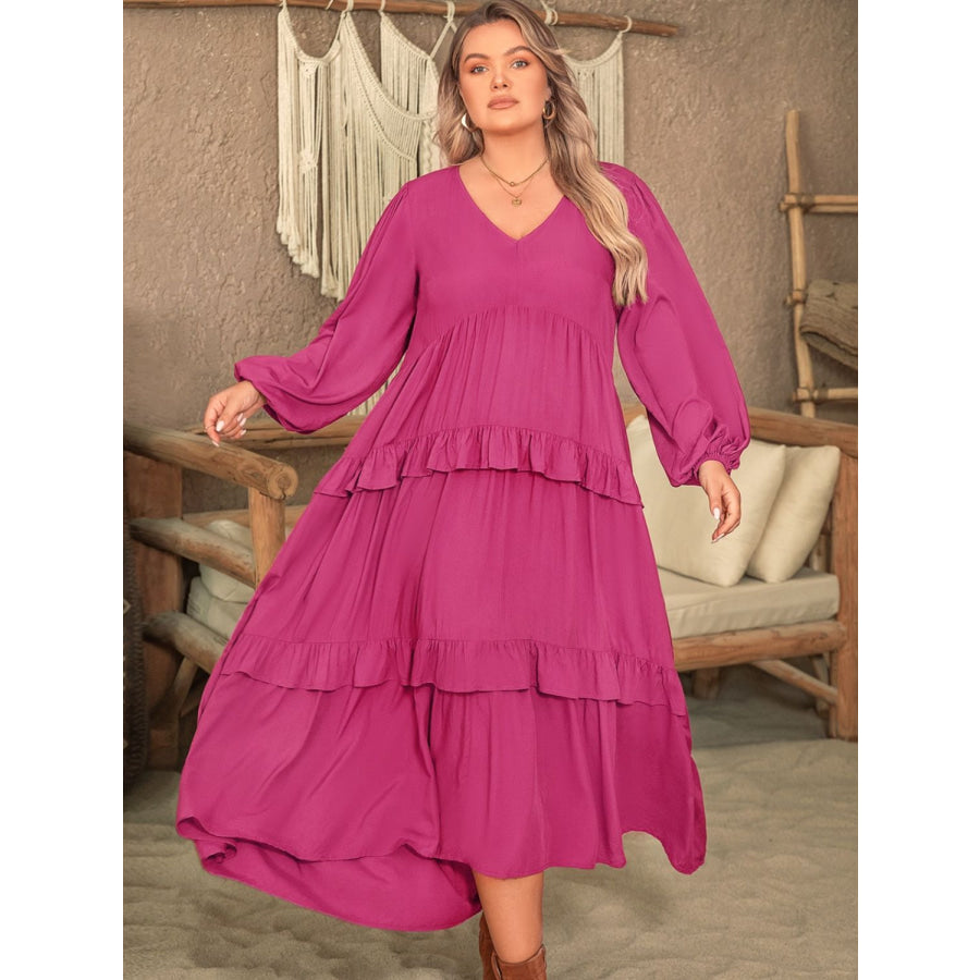 Plus Size Ruffled V-Neck Long Sleeve Dress Cerise / 0XL Apparel and Accessories