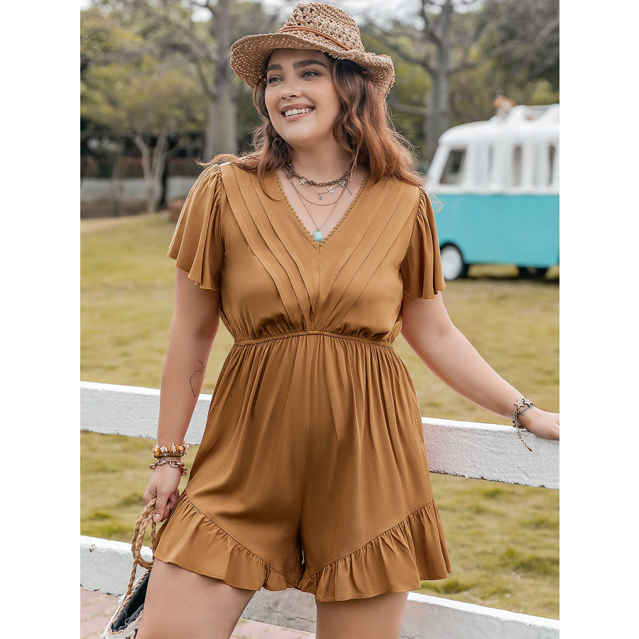 Plus Size Ruffled V-Neck Short Sleeve Romper Caramel / 0XL Jumpsuits and Rompers