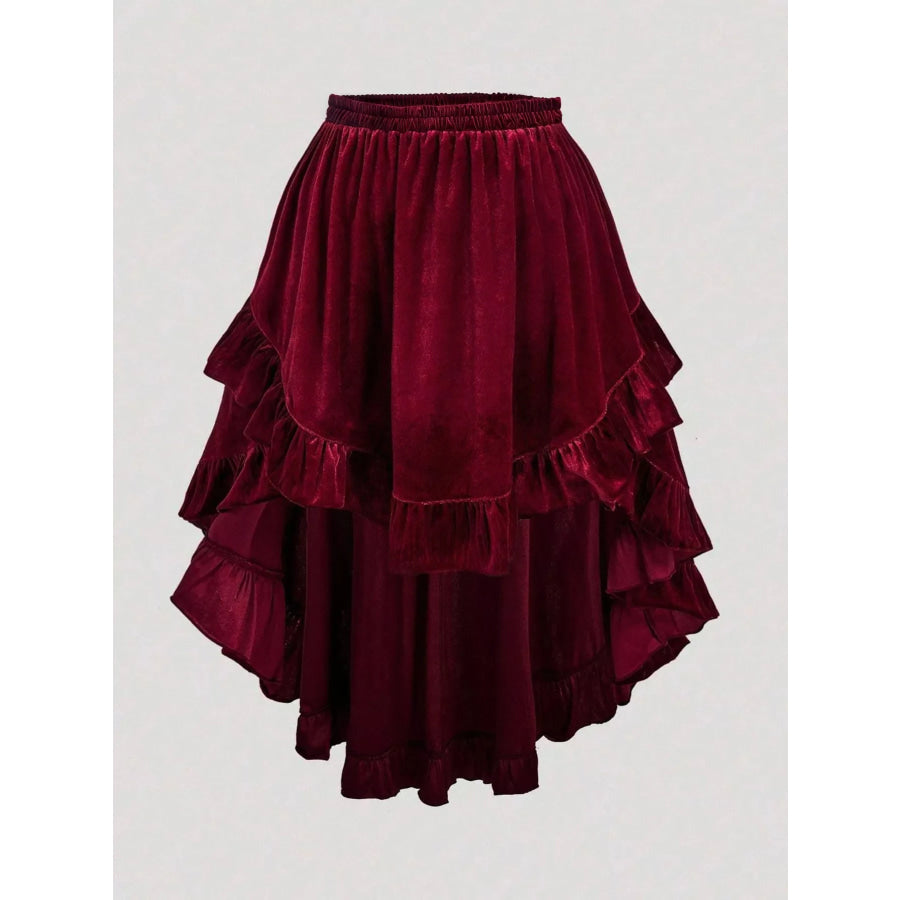 Plus Size Ruffled Velvet Elastic Waist Skirt Burgundy / 0XL Apparel and Accessories