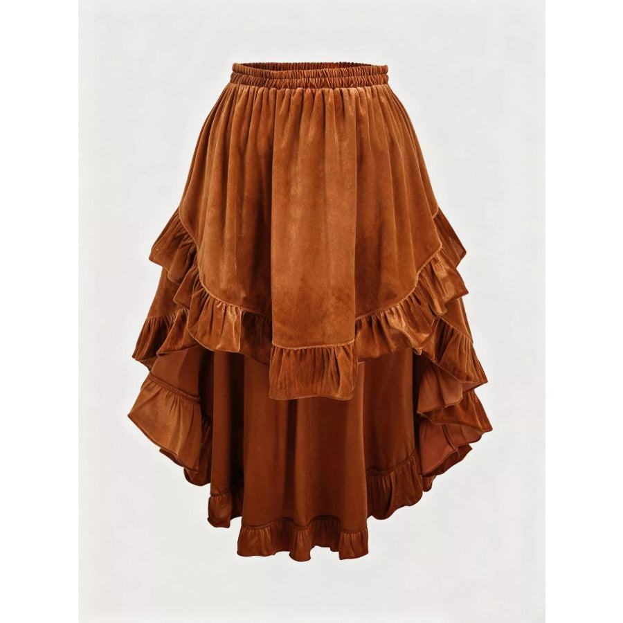 Plus Size Ruffled Velvet Elastic Waist Skirt Caramel / 0XL Apparel and Accessories