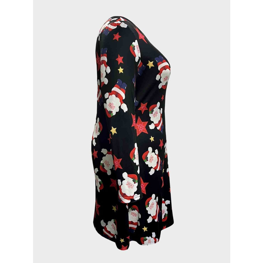 Plus Size Santa Printed Round Neck Dress Black / 1XL