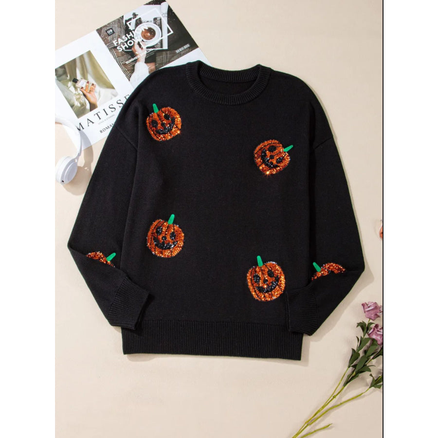 Plus Size Sequin Pumpkin Round Neck Sweater Apparel and Accessories