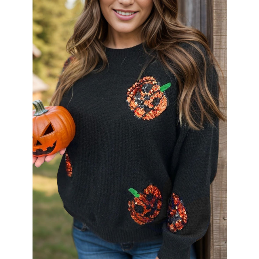 Plus Size Sequin Pumpkin Round Neck Sweater Black / 1XL Apparel and Accessories