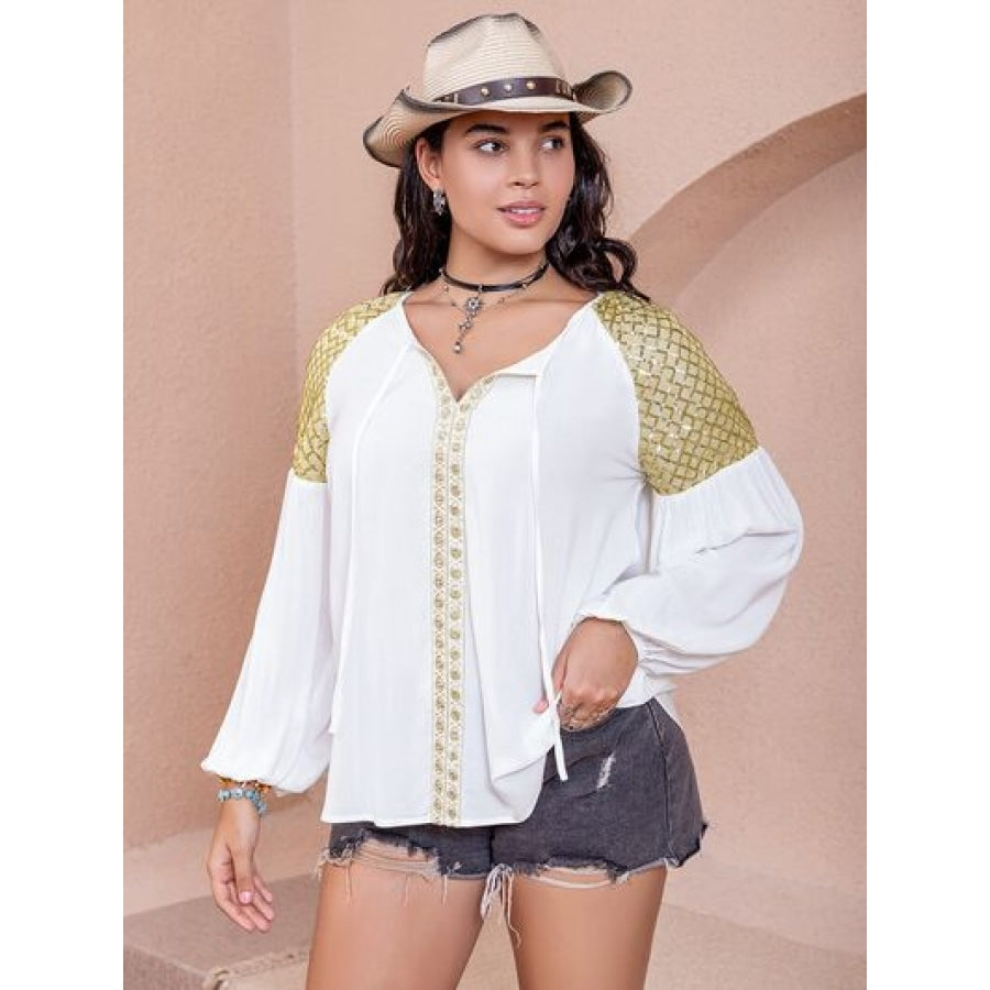 Plus Size Sequin Tie Neck Dropped Shoulder Blouse White / 0XL Apparel and Accessories