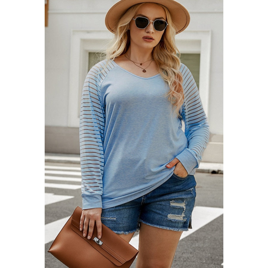 Plus Size Sheer Striped Sleeve V-Neck Top Pastel Blue / 1X