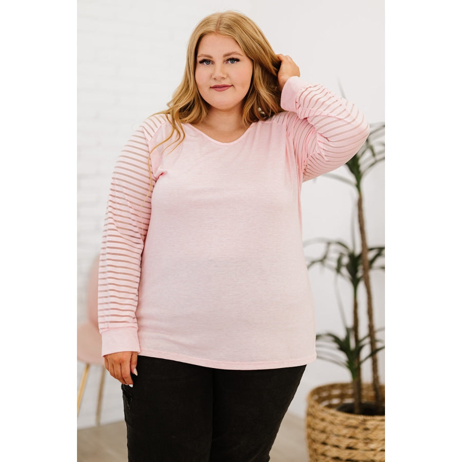 Plus Size Sheer Striped Sleeve V-Neck Top Pink / 1X