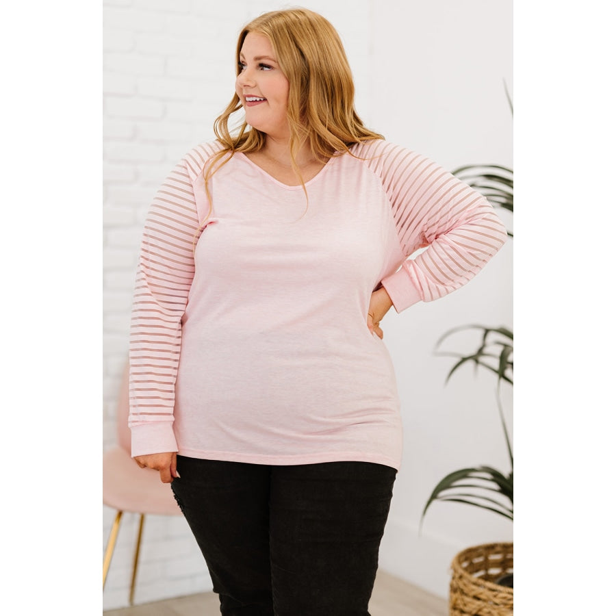 Plus Size Sheer Striped Sleeve V-Neck Top