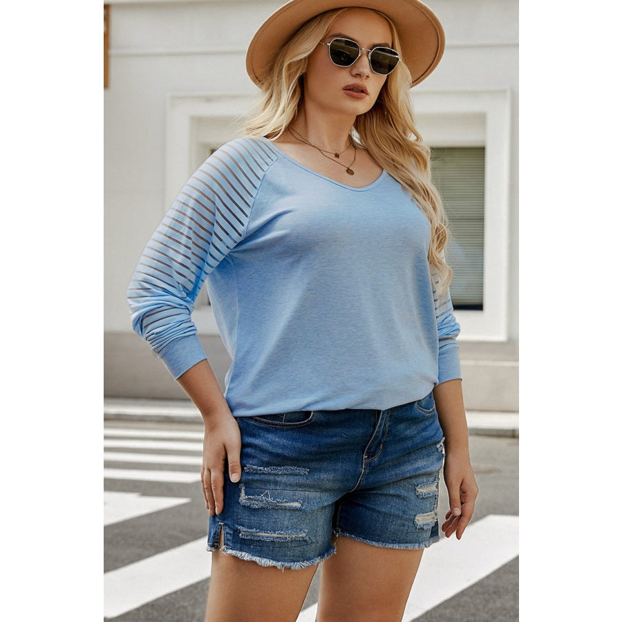 Plus Size Sheer Striped Sleeve V-Neck Top