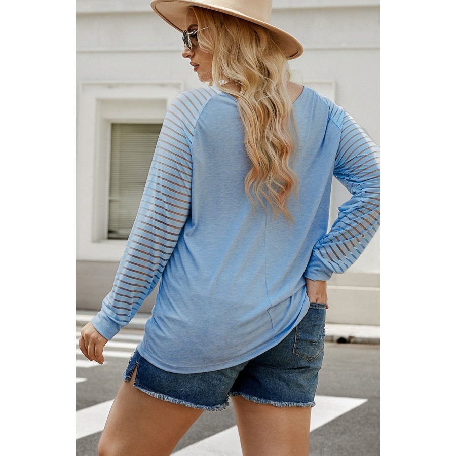 Plus Size Sheer Striped Sleeve V-Neck Top